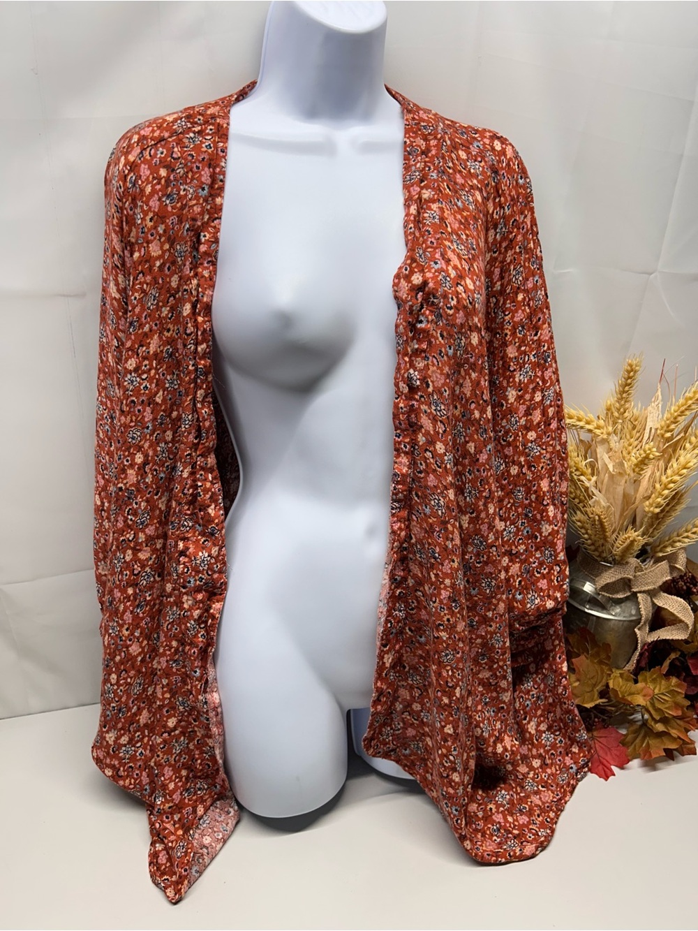 torrid Rust Floral Midi Skirt with Navy and Cream Blossoms